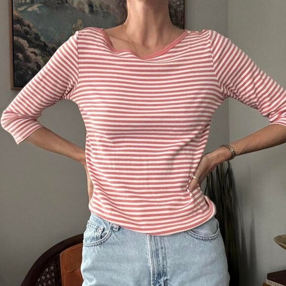 Vintage dockers pink and white striped boat neck top w three quarter sleeves - Picture 2 of 5